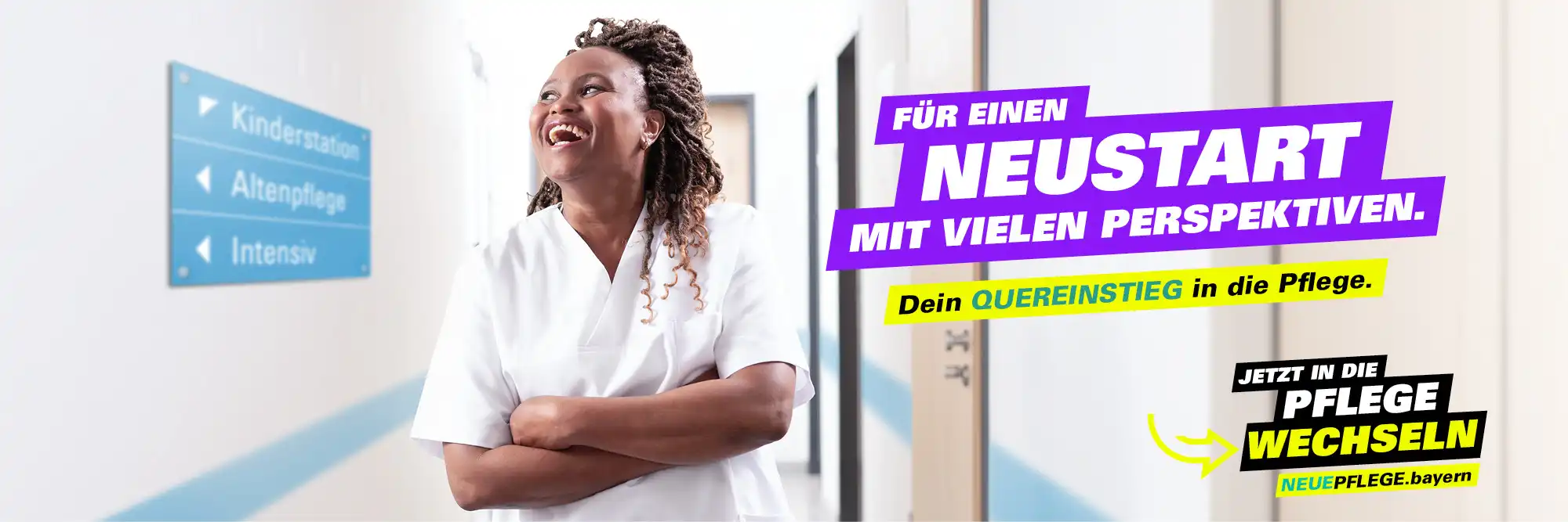 Eine Pflegerin in einem Krankenhausflur, dazu der Schriftzug "Für einen Neustart mit vielen Perspektiven."